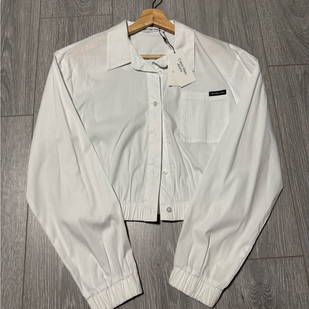 Calvin Klein White Cropped Button-Up Shirt Jacket - Size M
